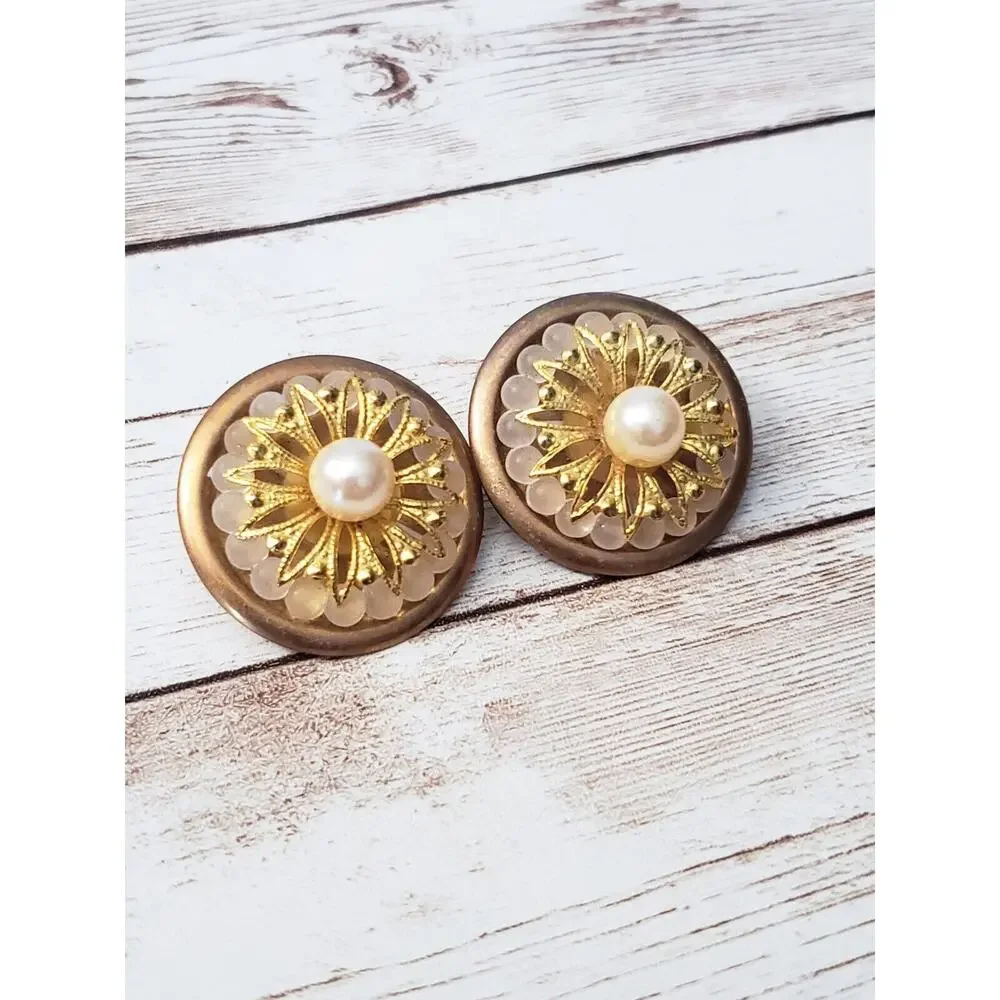 Vintage Clip On Earrings - Faux Pearl & Ornate Gold Tone